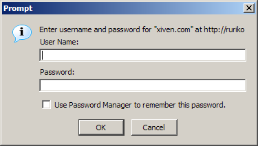 
						An example of an HTTP authentication dialog box: a small window appears asking the user to “Enter username and password for "example application" at http://www.example.com” with a username and password field to fill in and “OK” and “Cancel” buttons.
					