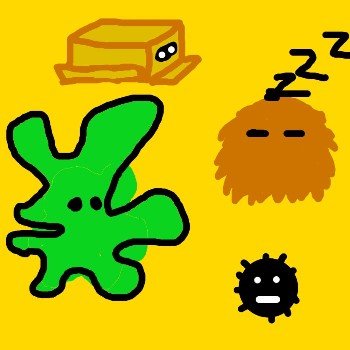 The image shows cartoony drawings of (clockwise from top-left) a shoebox with eyes peering through eye-holes, a sleeping "fur-ball", a spiky mine and a green gooey blob